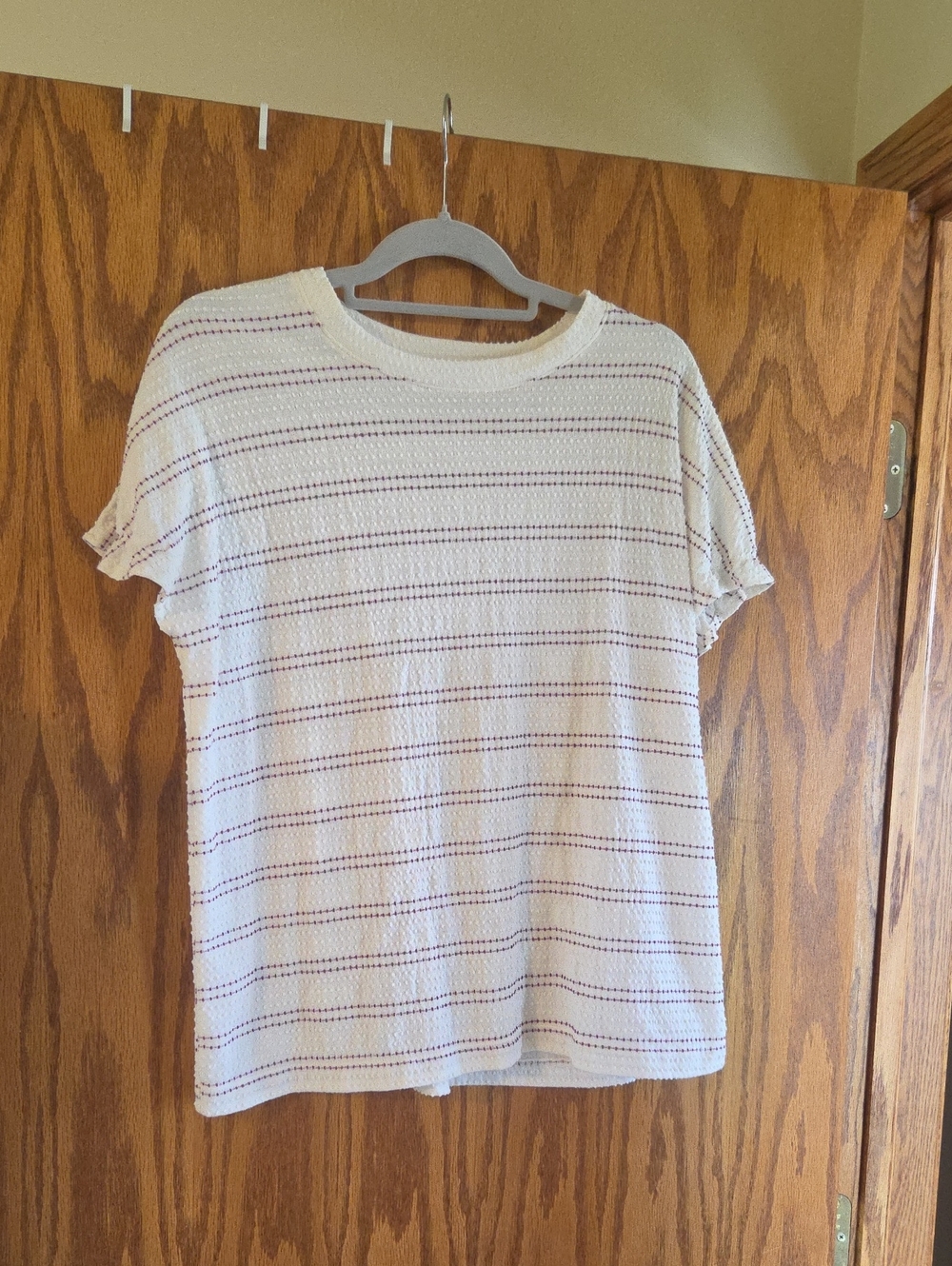 Falls Creek Cream Short Sleeve Knit Top with Subtle Purple Stripes